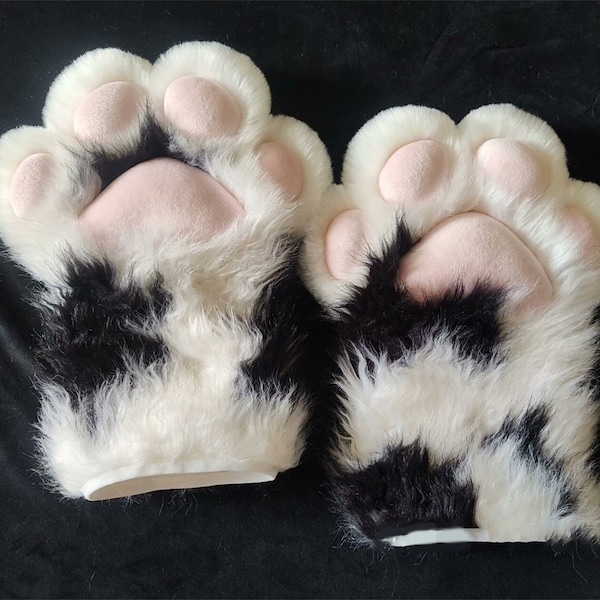 Handmade Rare Curly Fur Animal Paws Claws Black White Purple Furry Faux Fur Cute Dog Wolf Cat Paws Halloween Cosplay Fursuit Costume Party