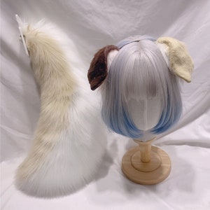 Handmade Dog Puppy Ears Tail Set Furry Faux Fur Brown Dog Ears Hairband Beige White Tail Cosplay Dog Costume Halloween Cute Dog Fursuit