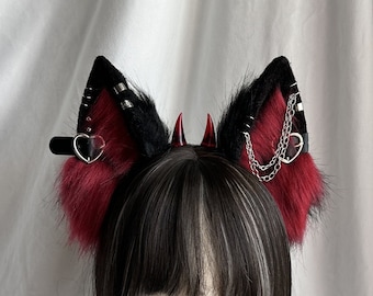 Goth Devil Wolf Ears Tail Furry Faux Fur Black Red Wolf Ears Black Red Wolf Tail Fursuit Halloween Costume Cosplay Wolf Dog Cat