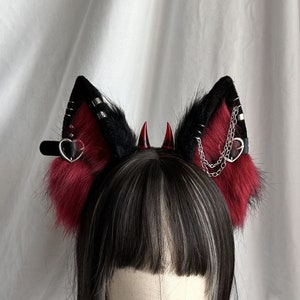 Goth Devil Wolf Ears Tail Furry Faux Fur Black Red Wolf Ears Black Red Wolf Tail Fursuit Halloween Costume Cosplay Wolf Dog Cat