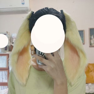 Handmade Yellow Pink Bunny Ears Hairband Bunny Tail Furry Faux Fur Bunny Tail Ears Set, Cute Bunny Fursuit Party Cosplay Halloween
