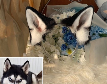 Handmade Husky Dog Puppy Ears Headband Black White Furry Animal Dog Ears Faux Fur Fursuit Cosplay Halloween Party Costume