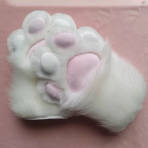 Handmade Animal Paws Claws White Pink Furry Faux Fur Cute Dog Wolf Fox Cat Dog Paws Halloween Cosplay Fursuit Costume Party