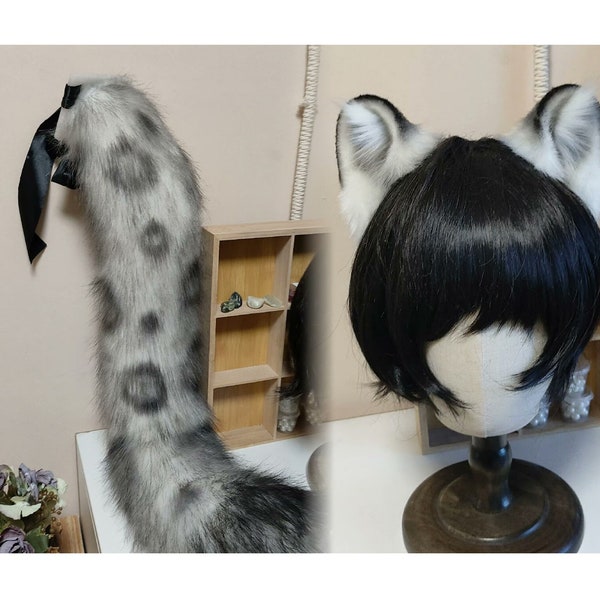 Handmade Snow Leopard Panther Ears Tail Set Furry Fursuit Faux Fur Wild Animal Ears Spotted Tail Halloween Costume Cosplay Leopard Panther