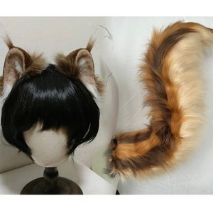 Handmade Squirrels Ears Tail Set, Cute Brown Striped Squirrel Tail Furry Faux Fur Fursuit Cosplay squirrels Halloween Party Costume