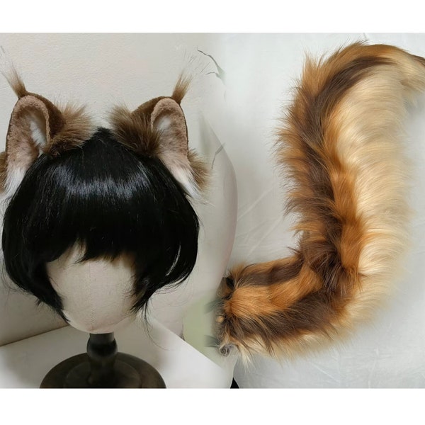 Set di coda di orecchie di scoiattolo fatto a mano, coda di scoiattolo a strisce marrone carino peloso pelliccia sintetica Fursuit scoiattoli Cosplay Costume da festa di Halloween