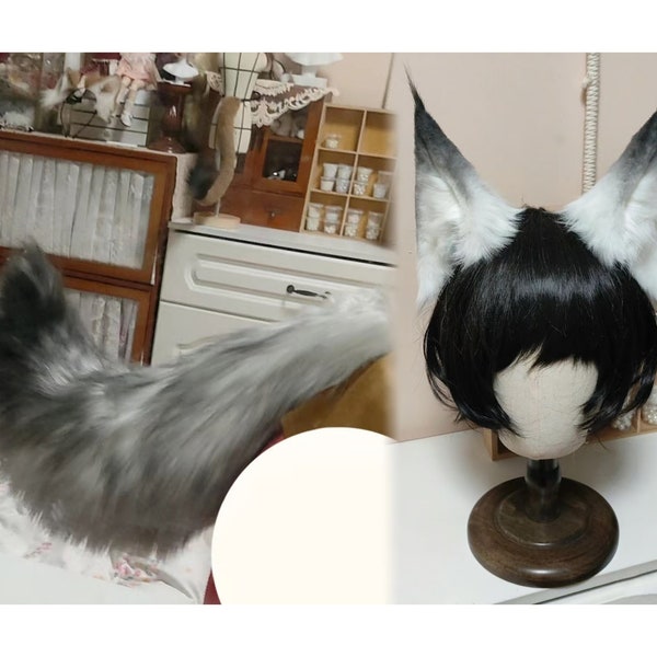 Handmade Fox Wolf Ears Tail Set, Furry Faux Fur Animal Ears, Furry Fox Wolf Tail,Fursuit Party Halloween Costume Cosplay Fox Wolf white grey