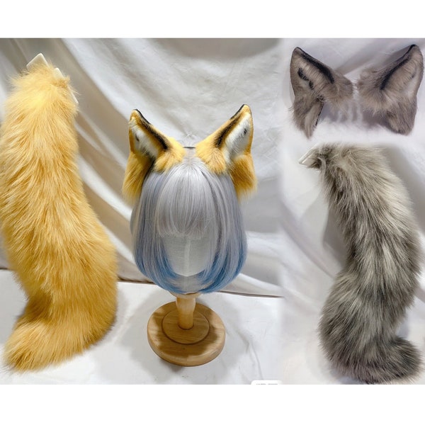 Handmade Fox Ears Tail Set Furry Faux Fur Animal Ears Hairband Pale Orange Grey Fox Ear Tail Set Fursuit Party Cosplay Fox Halloween Costume