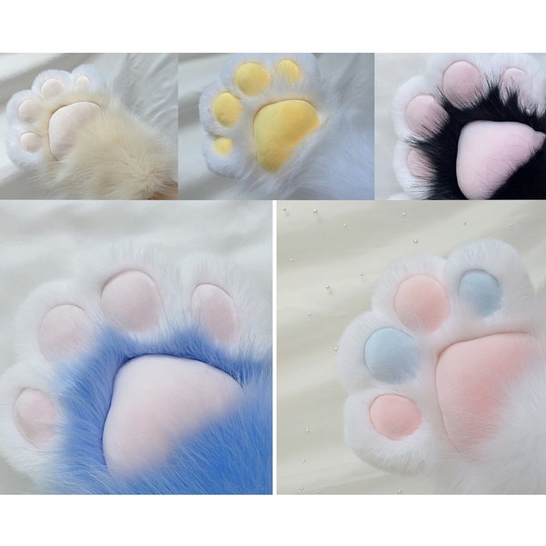 Handmade Animal Paws Claws Blue White Grey Pink Black Furry Faux Fur Cute Dog Wolf Fox Cat Paws Halloween Cosplay Fursuit Costume Party