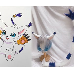 Handmade Cat Ears Tail Faux Fur Furry Fursuit Cute Mouse Ears Hairband Cat Tail Costume Halloween Party Cosplay Tailmon Gatomon