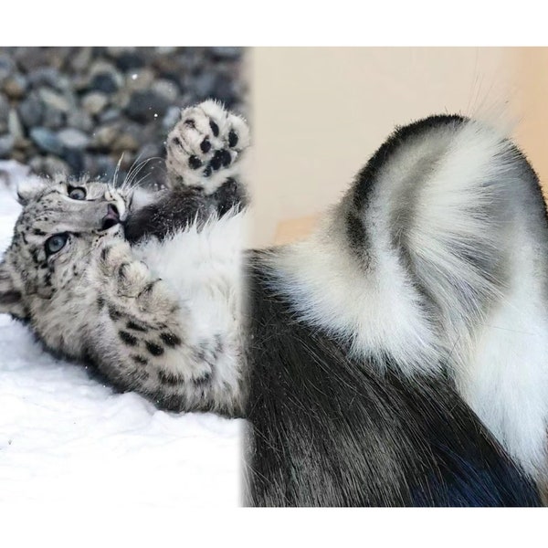 Handmade Snow Leopard Panther Ears Tail Set Furry Fursuit Faux Fur Wild Animal Ears Spotted Tail Halloween Costume Cosplay Leopard Panther