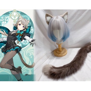 Handmade Cat Kitten Ears Tail Faux Fur Furry Fursuit Cute Boba Tea Brown Cat Ears Hairband Cat Tail Costume Halloween Party Cosplay Lynette