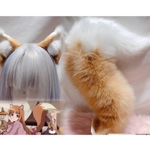 Handmade Red Fox Wolf Ears Tail Set Furry Faux Fur Animal Ears Hairband, Brown White Big Furry Tail, Fursuit Party Cosplay Halloween Costume