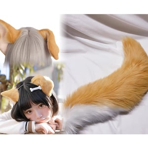 Handmade Dog Puppy Ears Tail Set Furry Faux Fur Airplane Dog Ears Flattened Ears Headband Cosplay Dog Fursuit Halloween Costume Brown