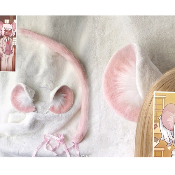 Handgemaakte muis oren staart set schattig wit roze bruin muis rat oren hoofdband muis staart harige namaakbont Fursuit cosplay muis rat Halloween