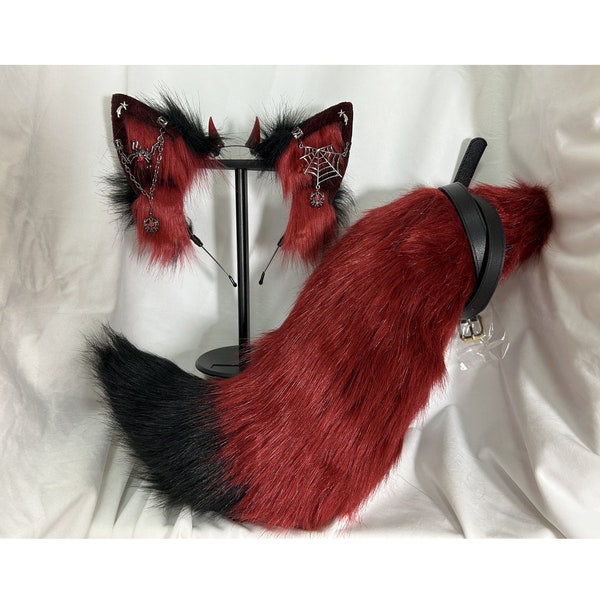 Handmade Goth Devil Wolf Ears Tail Furry Faux Fur Black Red Wolf Ears Black Red Wolf Tail Fursuit Halloween Costume Cosplay Wolf Dog Cat