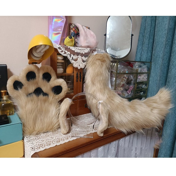 Costume da cucciolo di cane Golden Retriever marrone fatto a mano, fascia per orecchie di cane marrone, orecchie di cane marrone peloso coda zampe artigli costume da festa cosplay