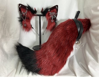 Handmade Goth Devil Wolf Ears Tail Furry Faux Fur Black Red Wolf Ears Black Red Wolf Tail Fursuit Halloween Costume Cosplay Wolf Dog Cat