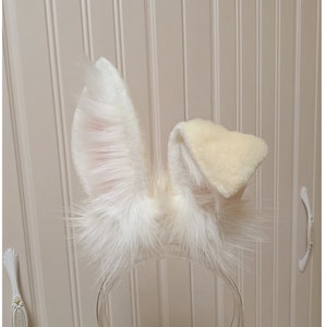 Handmade Bunny Ears Hairband White Blue Beige Grey Yellow Furry Faux Fur Bunny Ears Headband, Cute Bunny Fursuit Party Cosplay Halloween