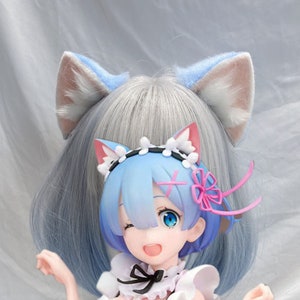 Handmade Cat Kitten Ears Tail Set, Pink Blue Furry Animal Cat Ears Hairband, Faux Fur Cat Tail Fursuit Halloween Anime Cosplay Nemo Rem