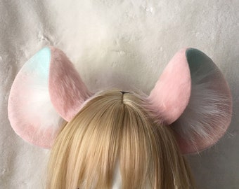 Conjunto de orejas y cola de ratón hecho a mano, diadema con orejas de rata, color blanco, rosa y menta, cola de ratón, piel sintética peluda, disfraz de cosplay para Halloween