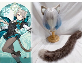 Handmade Cat Kitten Ears Tail Faux Fur Furry Fursuit Cute Boba Tea Brown Cat Ears Hairband Cat Tail Costume Halloween Party Cosplay Lynette