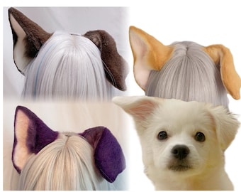 Conjunto de orejas y cola de perro cachorro hecho a mano, piel sintética peluda, orejas de perro de avión, diadema con orejas aplanadas, disfraz de Halloween, marrón y morado