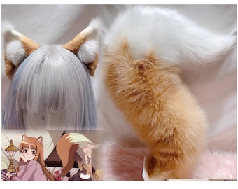 Handmade Red Fox Wolf Ears Tail Set Furry Faux Fur Animal Ears Hairband, Brown White Big Furry Tail, Fursuit Party Cosplay Halloween Costume