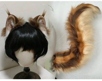 Handmade Squirrels Ears Tail Set, Cute Brown Striped Squirrel Tail Furry Faux Fur Fursuit Cosplay squirrels Halloween Party Costume