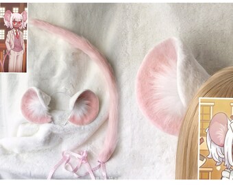 Handmade Mouse Ears Tail Set Cute White Pink Brown Mouse Rat Ears Headband Mouse Tail Furry Faux Fur Fursuit Cosplay Mouse Rat Halloween