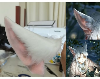 Handmade White Fox Ears Tail Hairband Furry Faux Fur Fox Ears Headband, Cute Anime Fox Ears Tail Fursuit Party Cosplay Halloween Costume