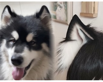 Handmade Dog Puppy Ears Headband Black White Furry Animal Dog Ears Faux Fur Fursuit Cosplay Dog Halloween Party Costume Alaskan Malamute