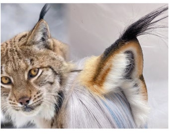 May include: Close-up of a lynx's face with a brown and black fur pattern. The lynx has bright yellow eyes and a white patch on its chin. The lynx's ear is partially visible in the image. The lynx is looking directly at the camera.