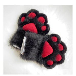 Handmade Animal Paws Claws Black Red Furry Faux Fur Cute Dog Wolf Fox Cat Paws Halloween Cosplay Animal Claws Paws Fursuit Costume Party