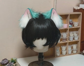 Cat Ears Headband for Cosplay Hatsune Miku, Furry Faux Fur Green Cat Ears, Fursuit, Handmade, Original Design