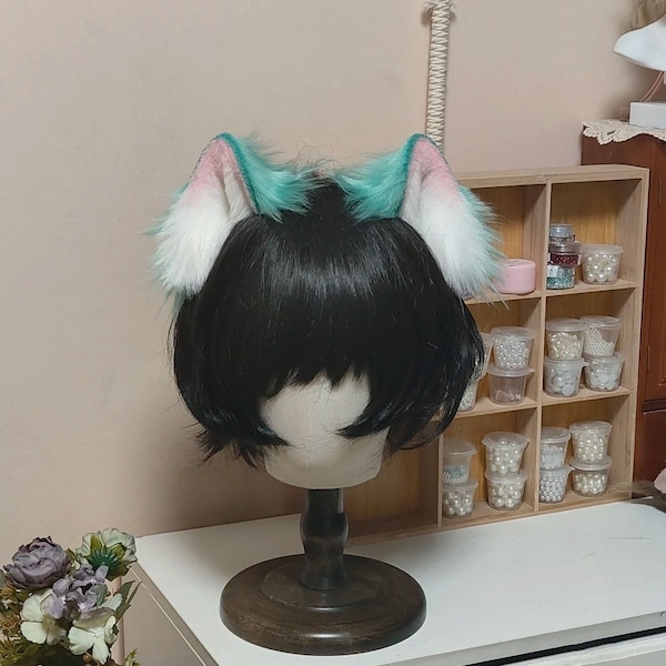Serre-tête oreilles de chat pour cosplay Hatsune Miku, oreilles de chat vert fourrure fausse fourrure, Fursuit, fait main, design original