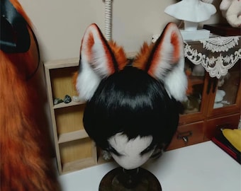 Handmade Red Fox Ears Tail Set Furry Faux Fur Animal Ears Hairband, Cute Fox Ears Red Tail Set Fursuit Party Cosplay Fox Halloween Costume