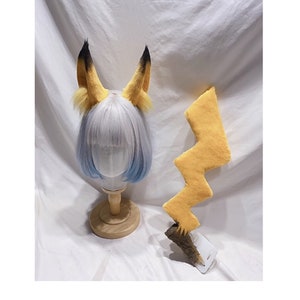 Cosplay Pikachu Ears Tail, Yellow Pikachu Ears Headband, Yellow Pikachu Lightning Tail, Pikachu Fursuit Cosplay Halloween Party