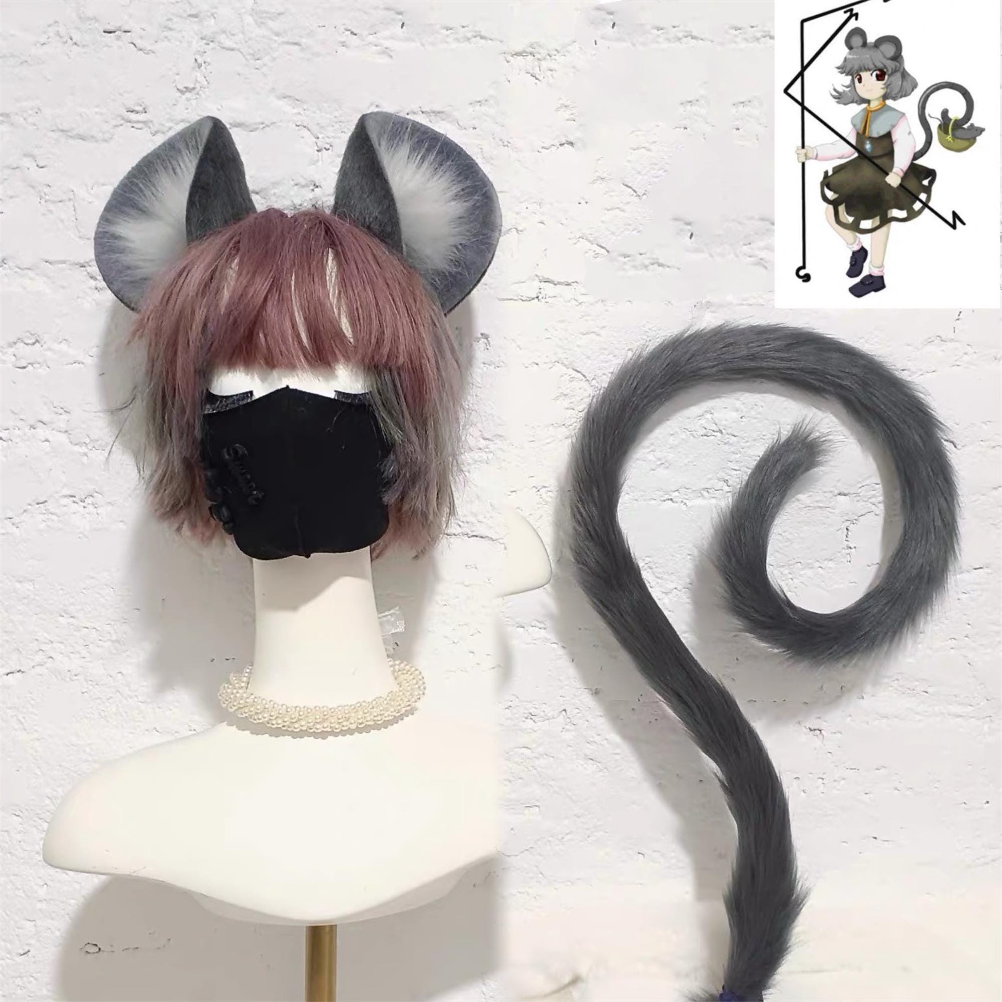 Handmade Mouse Ears Tail Set Cute White Pink Brown Mouse Rat Ears Headband Mouse Tail Furry Faux Fur Fursuit Cosplay Mouse Rat Halloween