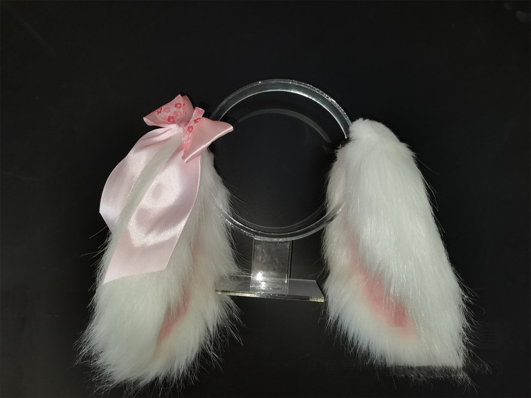 Handmade White Pink Lop Bunny Ears Hairclips Bunny Tail Furry Faux Fur