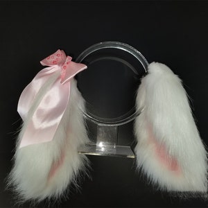 Handmade White Pink Lop Bunny Ears Hairclips Bunny Tail Furry Faux Fur Bunny Rabbit Tail Ears Set,Cute Bunny Fursuit Party Cosplay Halloween