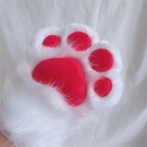 Handmade Animal Paws Claws White Red Furry Faux Fur Cute Dog Wolf Fox Cat Paws Halloween Cosplay Fursuit Costume Party