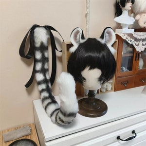 Handmade White Tiger Ears Tail Furry Faux Fur Cosplay Tiger Ears Headband Striped Tiger Tail Costume Halloween Party Animal Fursuit