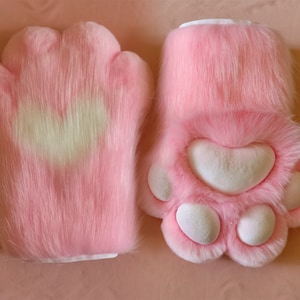 Handmade Animal Paws Claws White Pink Heart Furry Faux Fur Cute Dog Wolf Fox Cat Dog Paws Halloween Cosplay Fursuit Costume Party