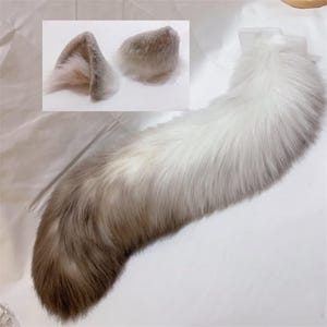 Handmade Cat Kitten Ears Tail Faux Fur Furry Fursuit Brown Cat Ears Hairband Cat Tail Costume Halloween Party Cosplay Devil Cat