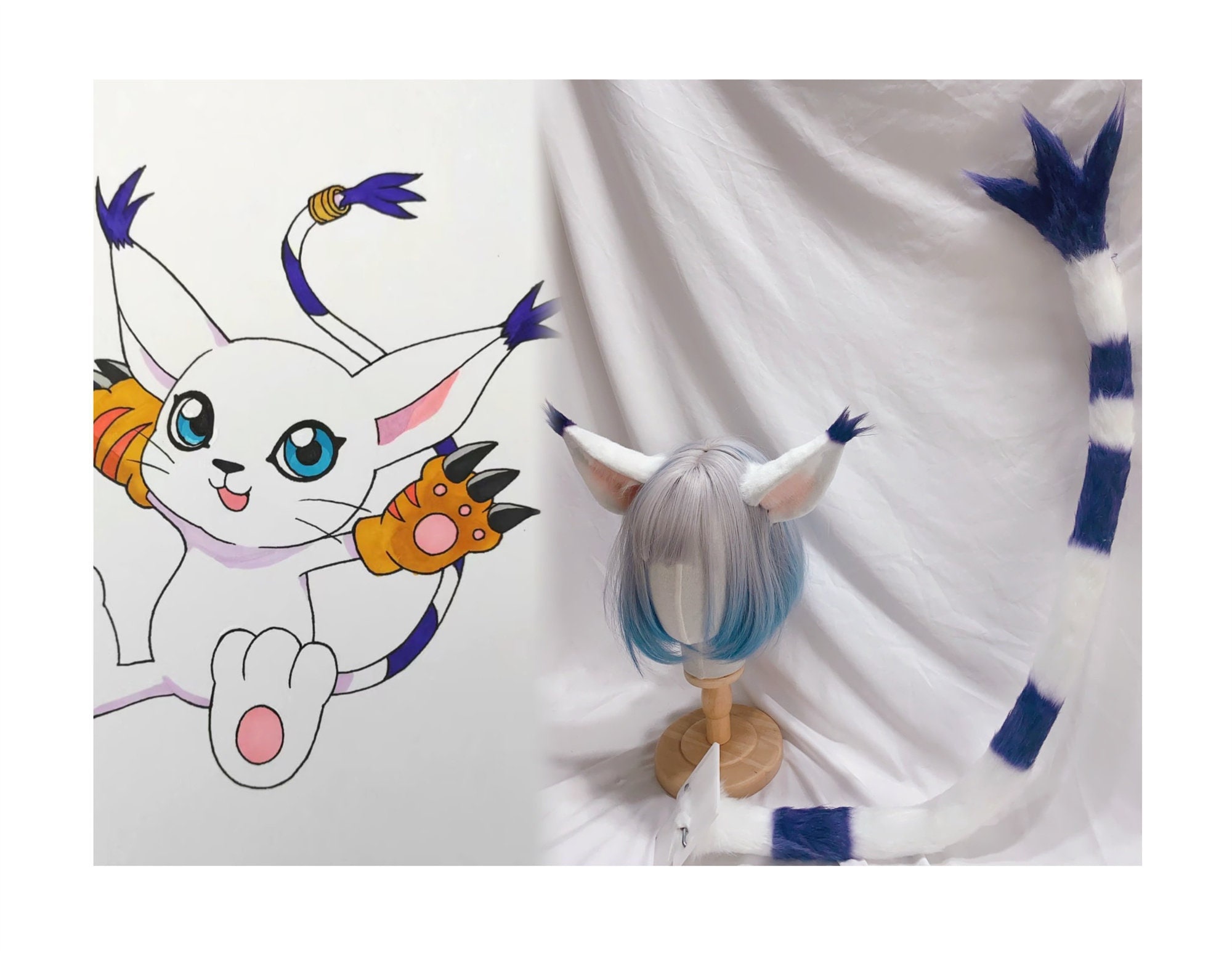 Handmade Cat Ears Tail Faux Fur Furry Fursuit Cute Mouse Ears Hairband Cat Tail Costume Halloween Party Cosplay Tailmon Gatomon