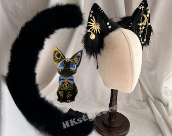 Pandora Cat Ears and Tail, Black Cat Ears Headband with Star Moon, Black Furry Cat Tail|, Cosplay Black Cat Costume