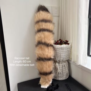 May include: A brown and black striped raccoon tail costume with a detachable belt. The tail is 60 cm long.