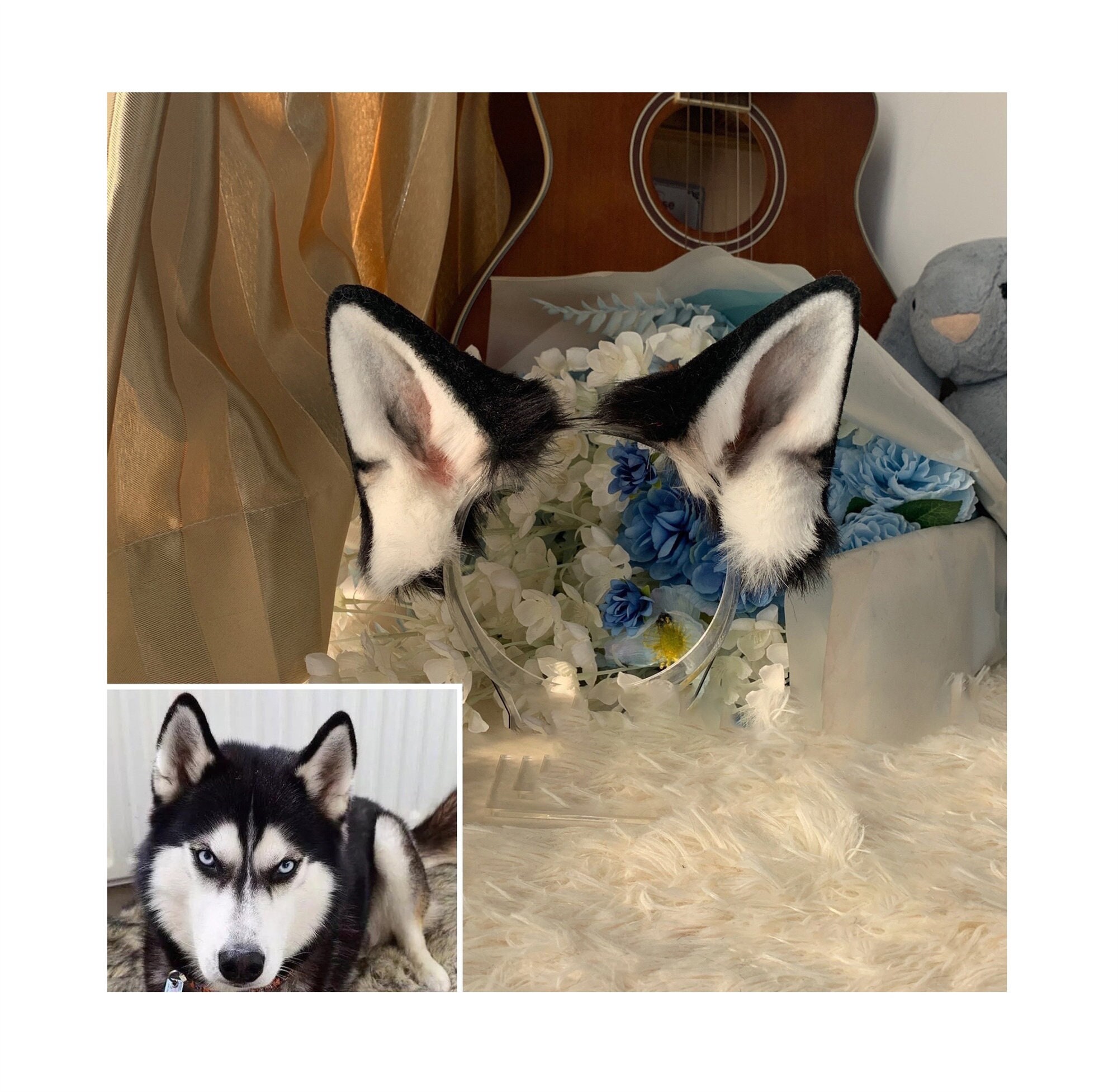 Handmade Husky Dog Puppy Ears Headband Black White Furry Animal Dog Ears Faux Fur Fursuit Cosplay Halloween Party Costume