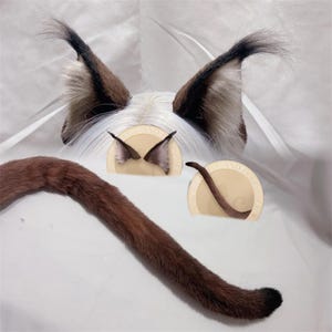 Handmade Cat Kitten Ears Tail Faux Fur Furry Fursuit Brown Cat Ears Hairband Cat Tail Costume Halloween Party Cosplay Devil Cat